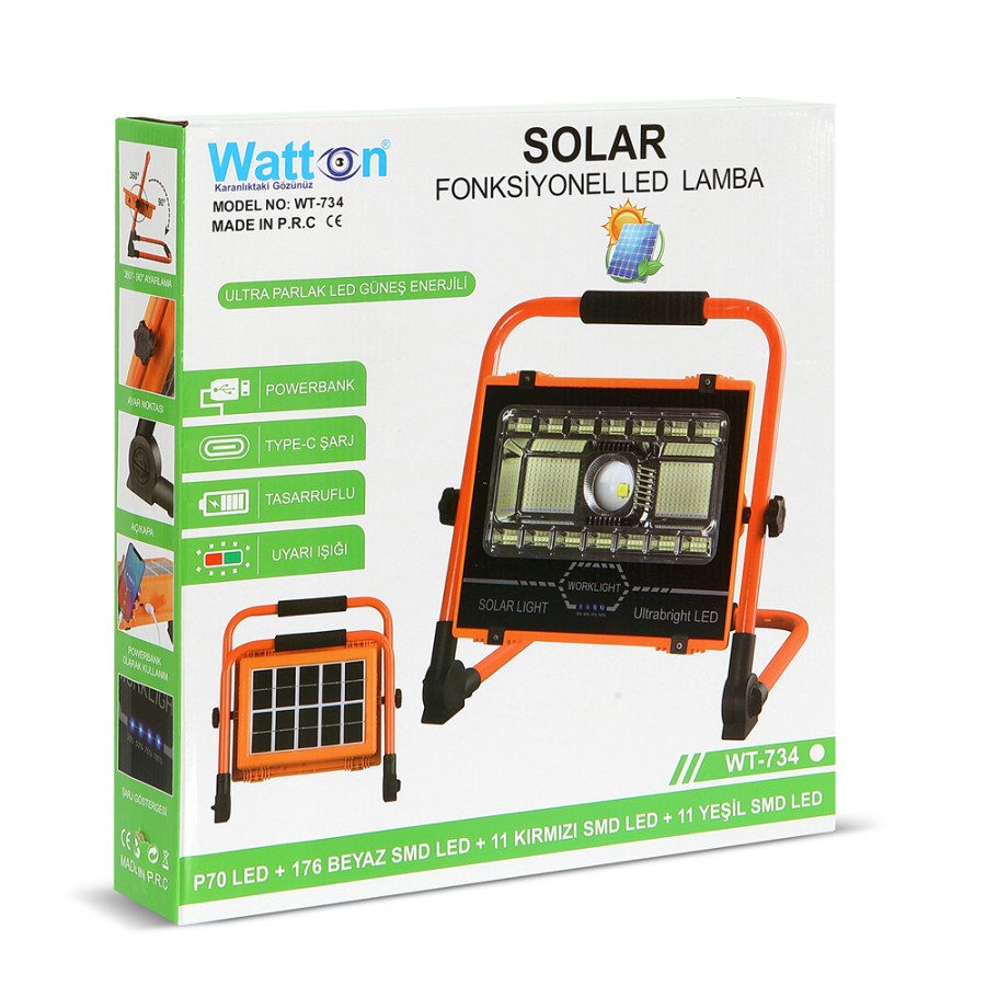 Watton Wt-734 P70 LED Solar Panel Şarjlı Taşınabilir Projektör (176 SMD + Yan LED)