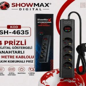 Showmax Dijital Göstergeli 3'lü Kablolu Akım Korumalı Grup Priz